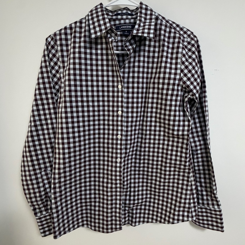 Lands' End Women’s  Brown Gingham Shirt - No Iron Supima
